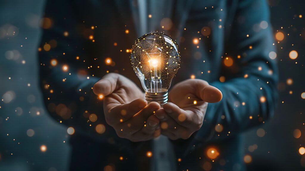 Eine Person hält eine leuchtende Glühbirne, die von einem Netzwerk aus goldenen Lichtpunkten umgeben ist, symbolisierend die Kraft von Innovationen und Sensoren, die die Welt transformieren.