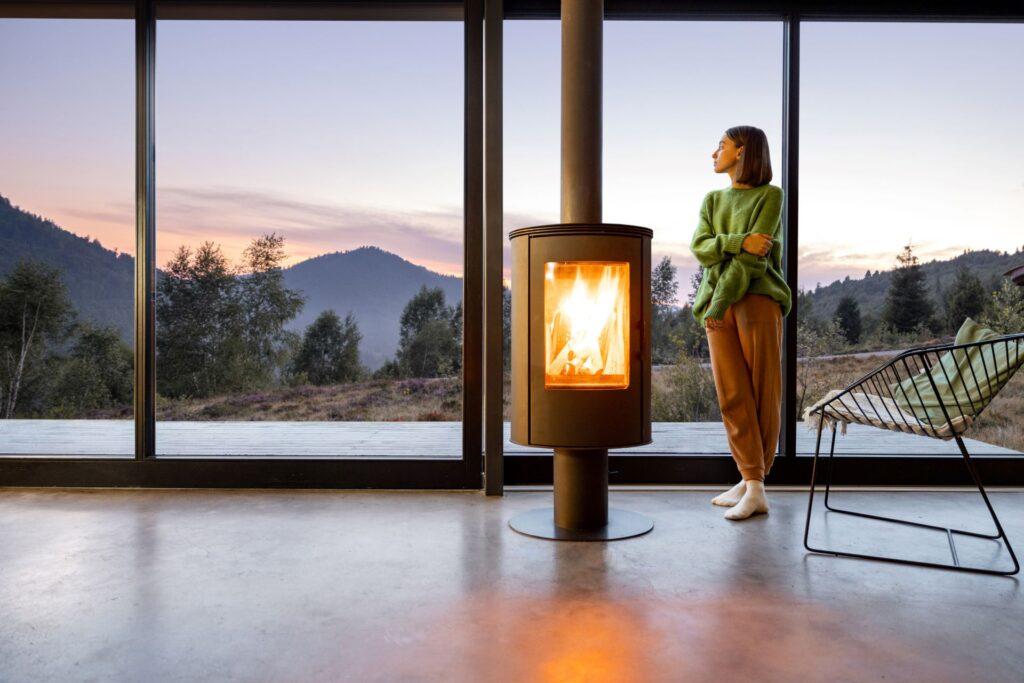 Eine Frau steht neben einem modernen Kaminofen mit flackerndem Feuer und Blick auf die Berge. Kaminofen Ersatzteile sorgen für die regelmäßige Wartung und Funktionalität.