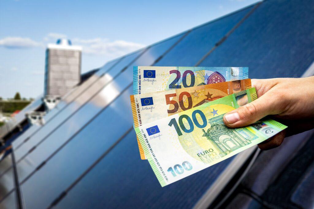 Eine Person hält Geld vor eine Solaranlage