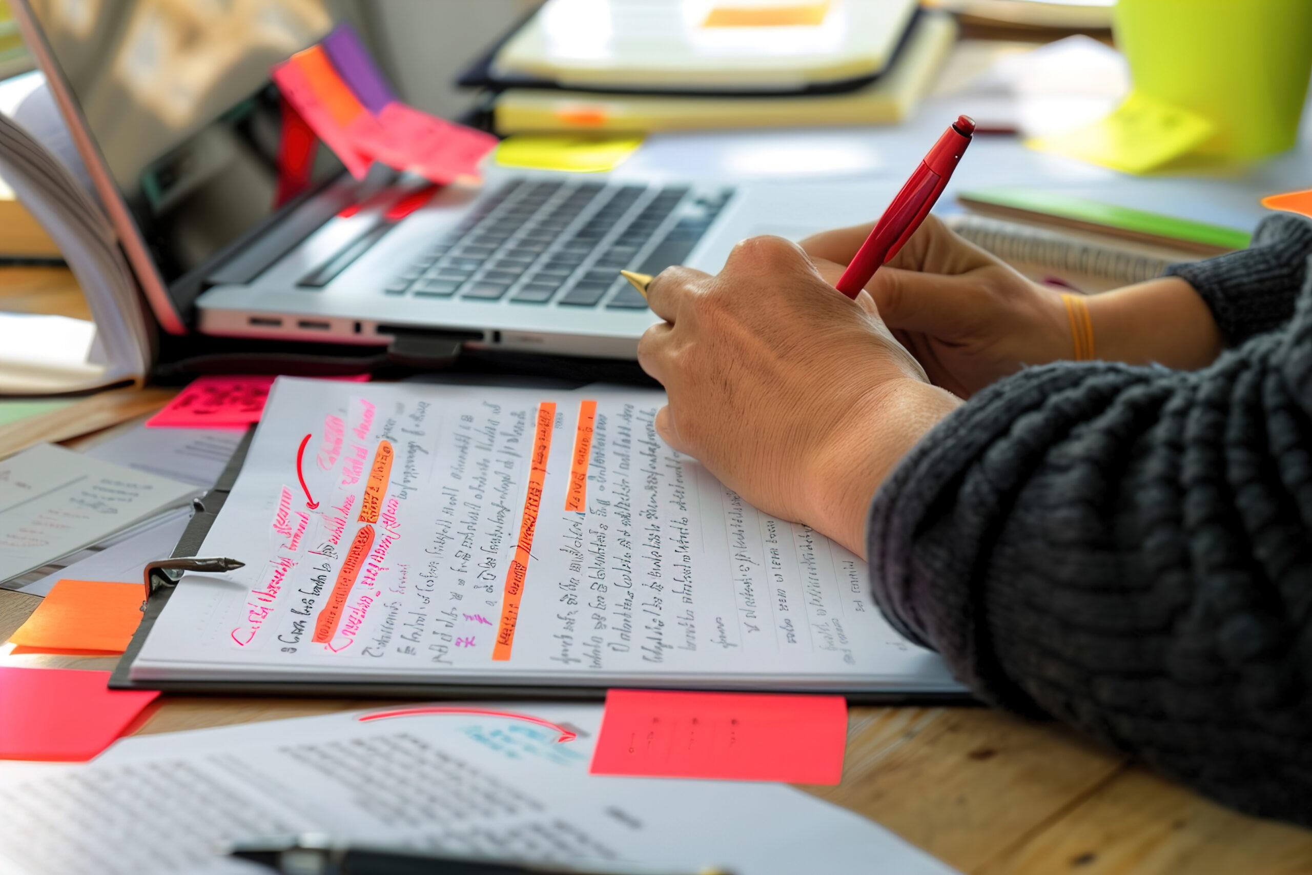Zwei Frauen mit großen Stiften prüfen ein Manuskript – Symbol für professionelles Buch Lektorat