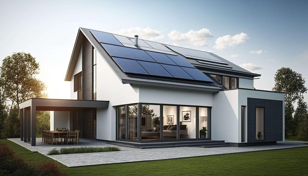 Sonnenkollektoren auf dem Dach eines schönen modernen Hauses.