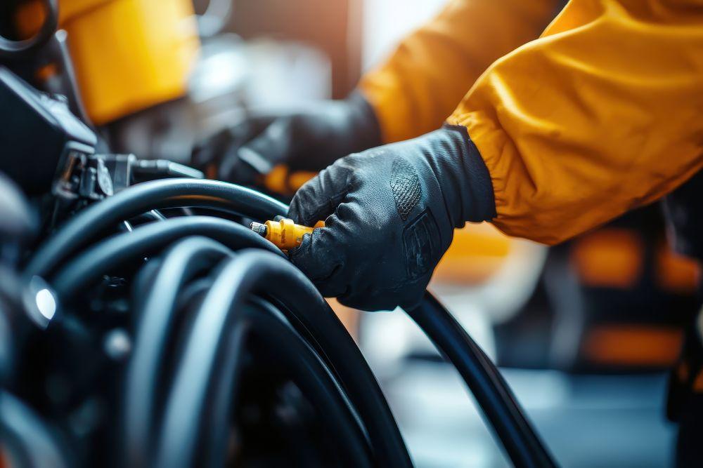 Industriemitarbeiter mit Schutzhandschuhen verbindet Industrieschlauch in einer modernen Anlage