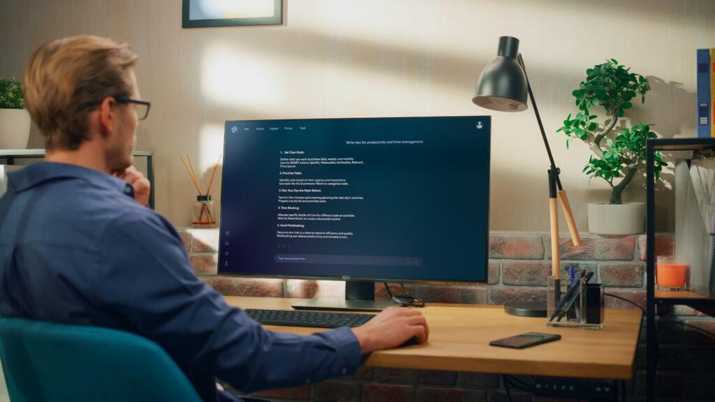 Ein Mann nutzt KI Unterstützung zur Planung und Aufgabenoptimierung am Computer in einem Homeoffice-Arbeitsplatz