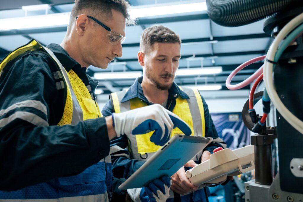 Zwei Techniker prüfen Maschinensteuerung mit Tablet im Einsatzbereich Automationstechnik