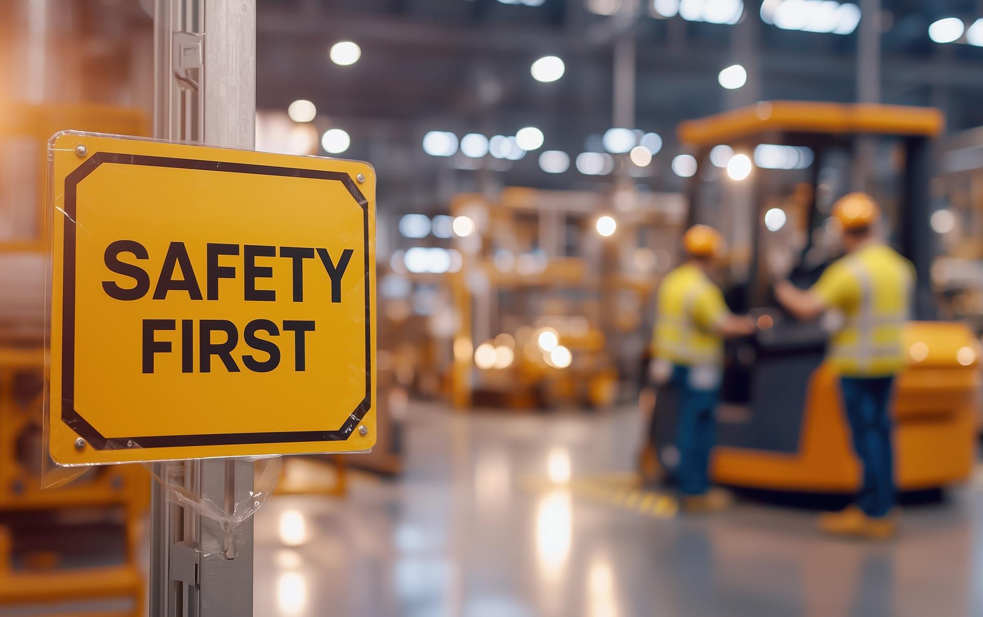Gelbes Safety First Schild in Werkhalle | elektrische Seilwinde