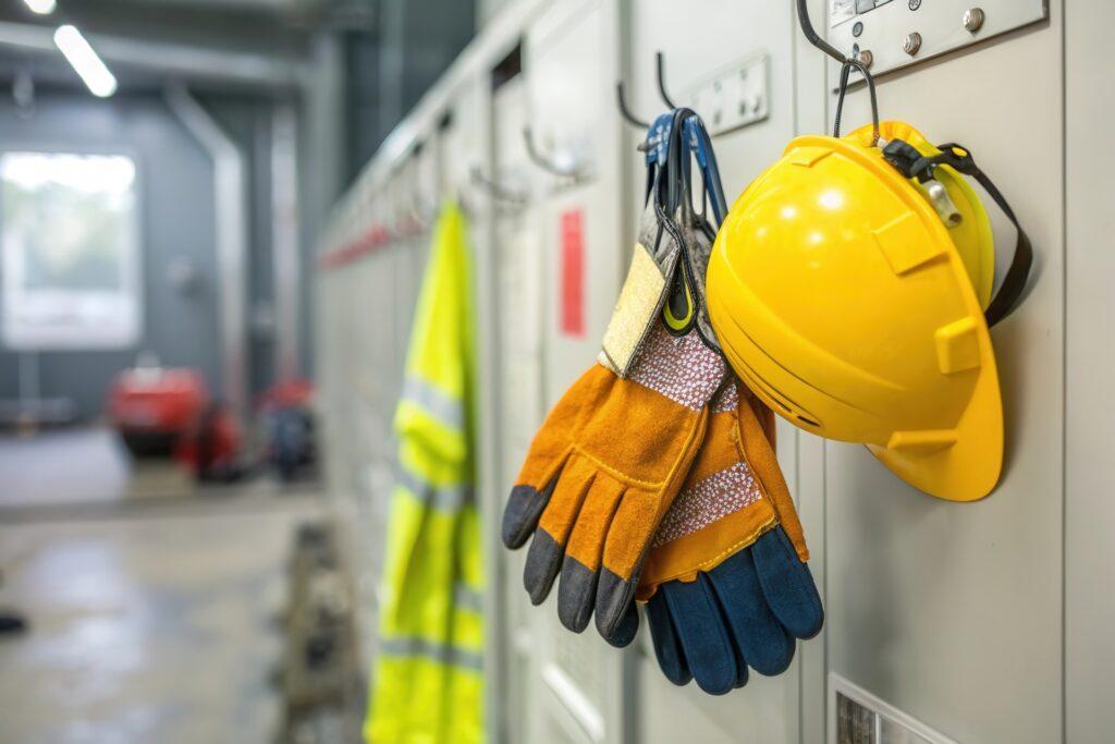 Schutzausrüstung mit Helm und Handschuhen im Spindraum | elektrische Seilwinde