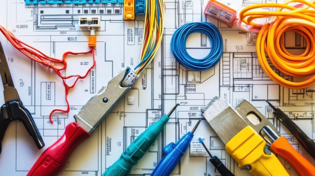 Planung industrieller Verbindungstechnik mit Kabelbaum, Werkzeugen und Stromlaufplan im Fertigungsumfeld