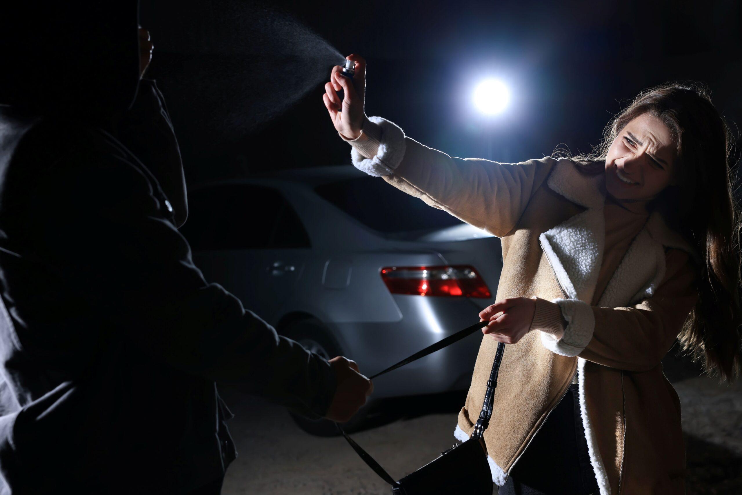 Pfefferspray wird von einer Frau in einer bedrohlichen Situation angewendet