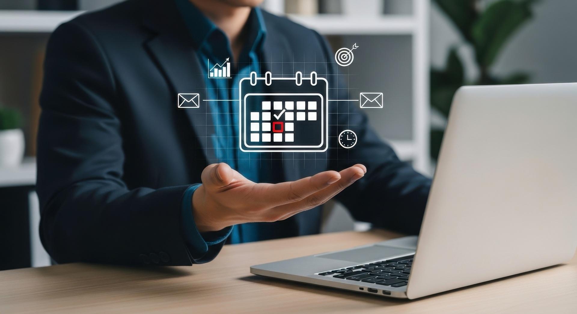 Geschäftsmann plant Termine digital am Laptop mit Symbolgrafik | Stehtisch