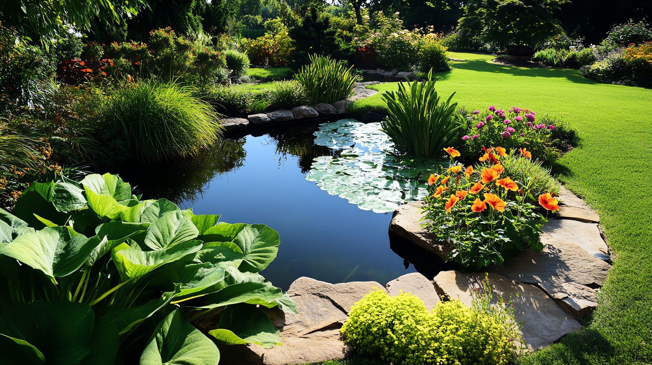 Tropischer Garten mit einer Bananenpflanze als Mittelpunkt, blühendem Hibiskus und einem ruhigen Teich
