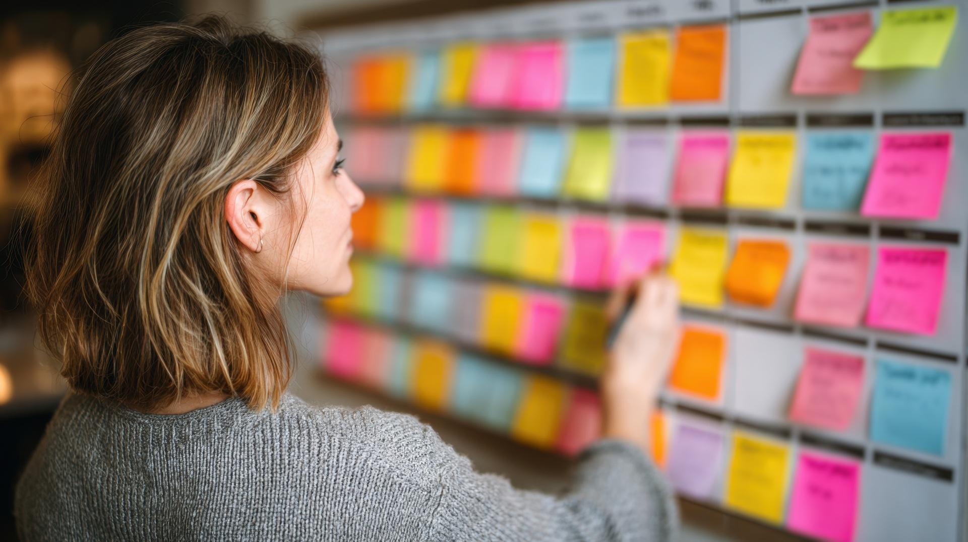 Frau ordnet bunte Haftnotizen auf Planungstafel im Büro | Stehtisch